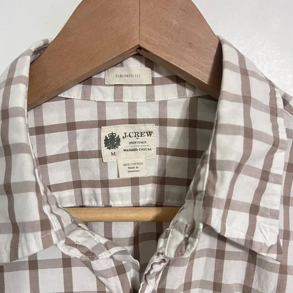 J Crew Mens Washed Casual Shirt Size M White Brown Grey Tailored Fit